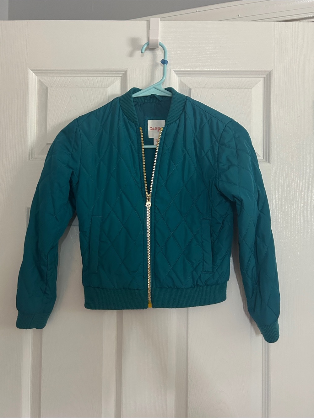 Cat & Jack Girls Teal Quilted Bomber Jacket Sequin T-Rex Dinosaur Size 6/6X